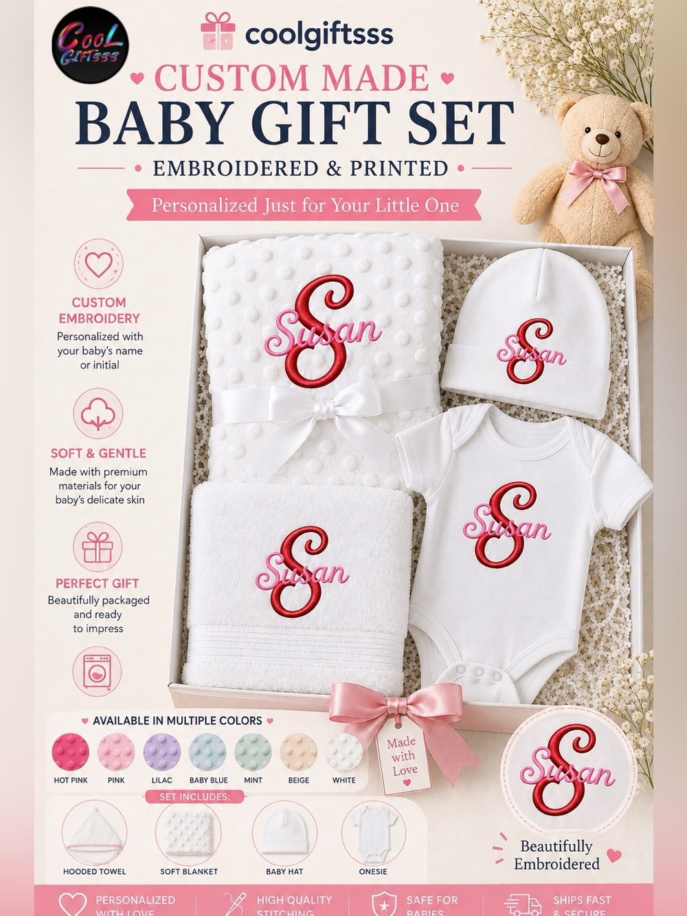 Custom Baby Gift Set - Custom made Towel, blanket, onesie, hat New personalized